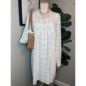 Eileen Fisher Shirt Dress 100% Silk Softwhite Windowpane Plaid Button Front XL